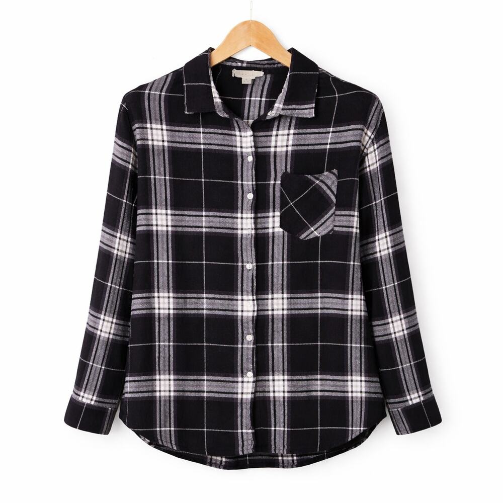 Lovestitch Womens Button Up Shirt Size Medium Black White Gray Plaid Minimalist